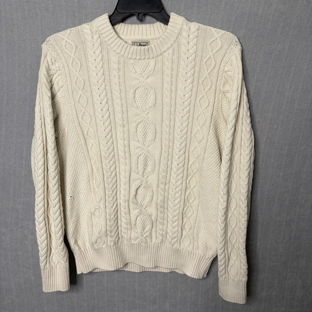 LL Bean Women's Fisherman Sweater Large Cream Cotton Chunky Cable Knit Crewneck